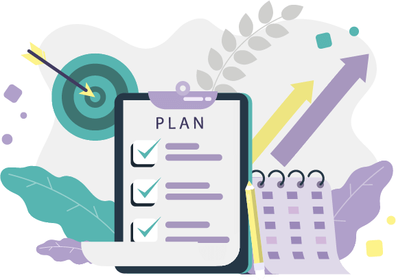 line vector icon of clipboard with planning checklist, calendar, target and growth charts